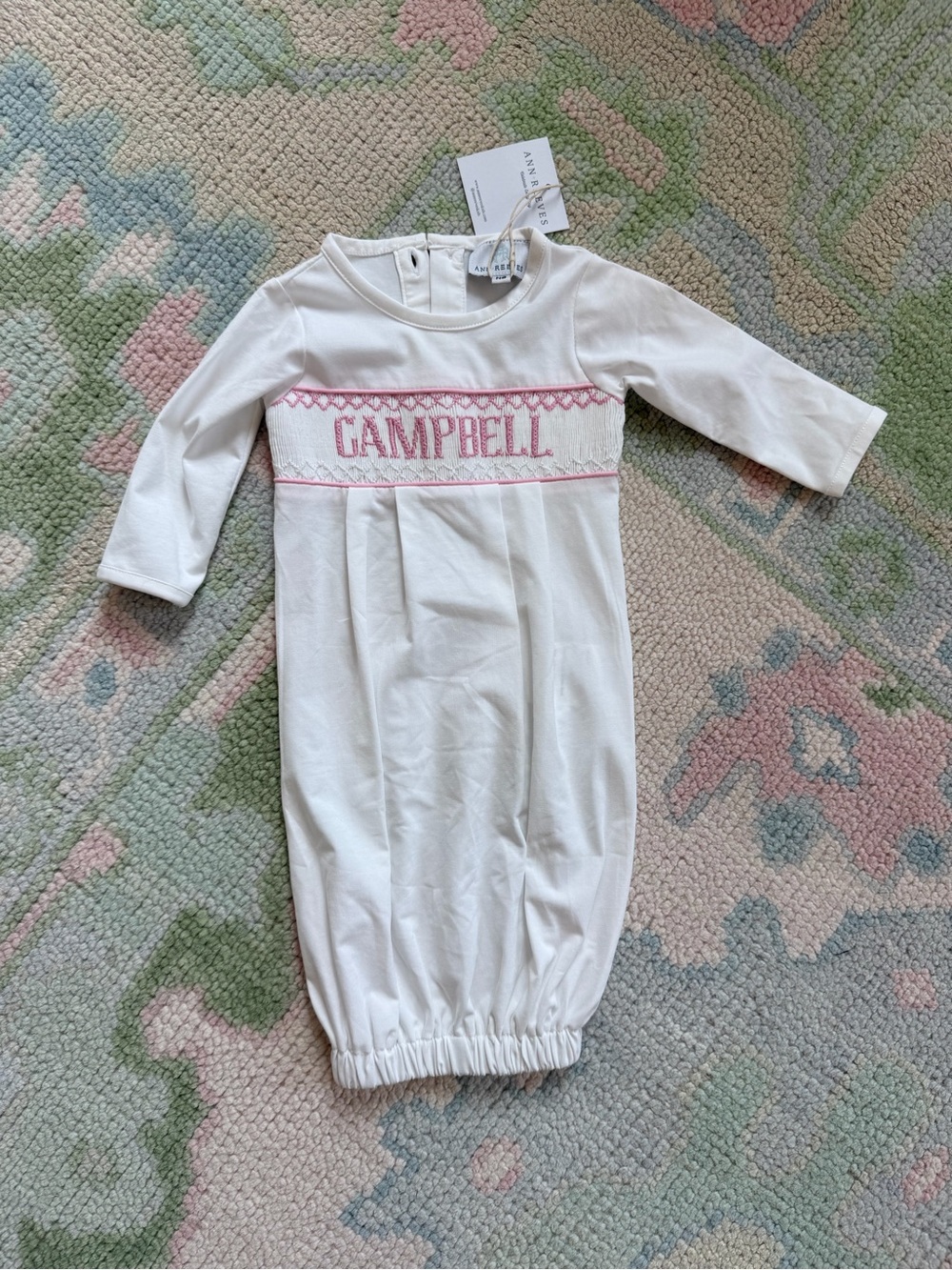 Personalized White Baby Gown with Pink Smocked Campbell